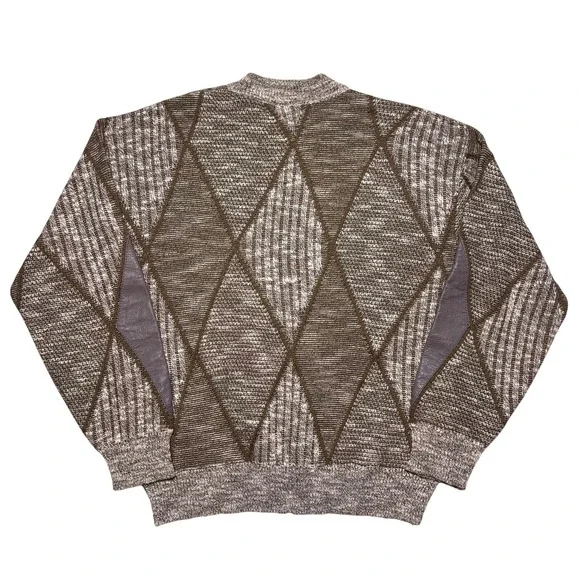 Vintage Saxony Leather Patchwork Sweater Mens Medium Chunky Knit Geometric